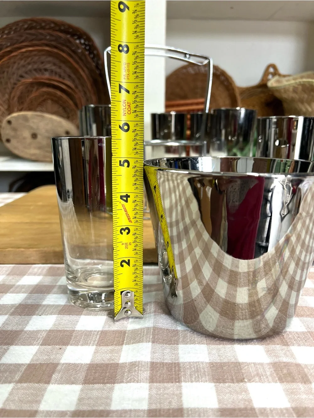 Vintage barware ice bucket glass highball tumblers caddy silver mid century